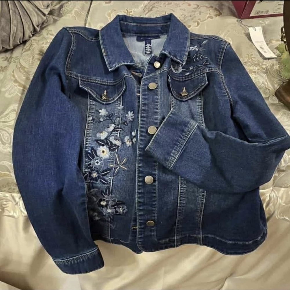 Charter Club Blue Denim Jacket with Floral Embroidery NWOT